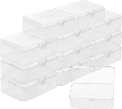 Zdjęcie produktu dla Małe pudełko do przechowywania, plastikowe, przezroczyste, z pokrywką na zawiasach (12 sztuk), 9 x 6 x 3,3 cm, mini plastikowe pudełka na małe koraliki, pigułki, biżuterię, śrubki, pudełko do sortowania, akcesoria rzemieślnicze