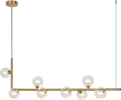 A product image of a gold chandelier with clear glass globes against a white background.