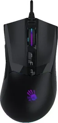 A black gaming mouse with RGB lighting.