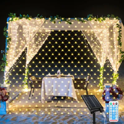 Immagine prodotto di TolleTour Luci di stringa solare 2M x 2M Luci di tenda con telecomando Timer Festa di Natale Giardino Decorazione Bianco Caldo
