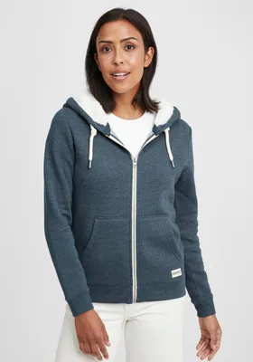 Produktbild von OXMO OXBinja Damen Lange Sweatjacke Kapuzenjacke Hoodie mit Teddyfell-Kapuze