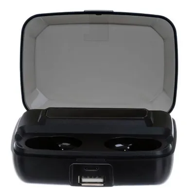 An open black charging case for wireless earbuds, showing the interior and charging ports.