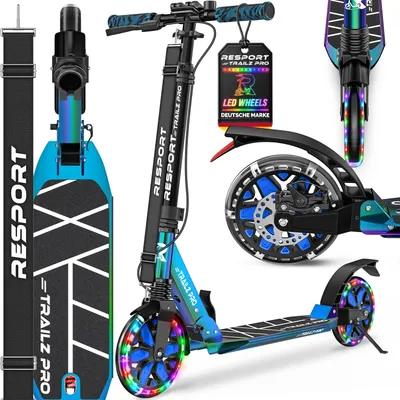 Produktbild von RE:SPORT® Cityroller für Kinder & Erwachsene mit LED, Klingel & Tragegurt | Kickscooter Tretroller inkl. Handbremse & Doppelfederung | Scooter höhenverstellbar & klappbar