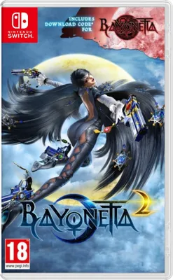 The image shows the cover art for the Nintendo Switch game Bayonetta 2, which includes a download code for Bayonetta 1.