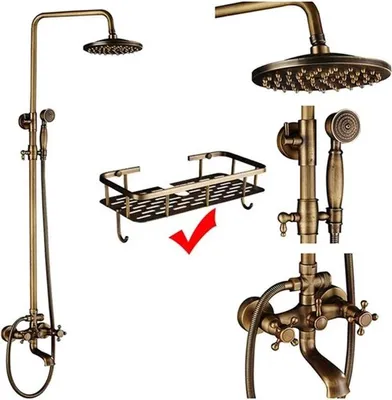 Obrázok produktu pre Antiková mosadzná sprchová súprava – dažďová sprcha pre vaňu – sprchová hlavica s priemerom 20 cm – nastaviteľná výška 70–120 cm – dvojpáčková zmiešavacia batéria s ručnou sprchou a odkladacou plochou – polička