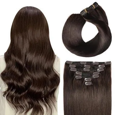 Obrázok produktu pre Clip-in predlžovanie vlasov, prírodné vlasy, rovné, 30 cm, 70 g, tmavohnedé, 7 kusov