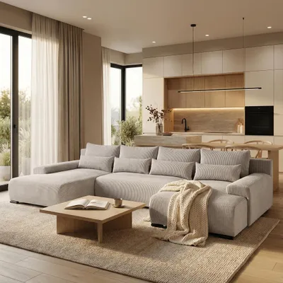 Produktbild von Ecksofa BENNY Beige U-Form Modernes Polstersofa mit Schlaffunktion und Bettkasten