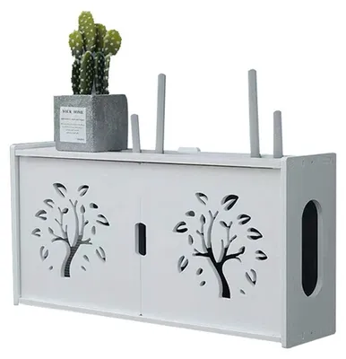 Immagine prodotto di Supporto per router da parete, bianco, in plastica e legno, con foro per cavi