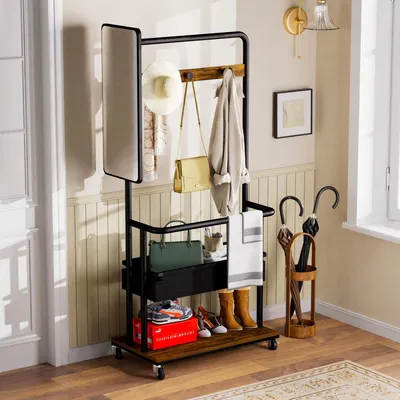 Produktbild von Metallgarderobe mit Rollen 70x40x170 cm 3-in-1 Design mit Spiegel und Korb Mobiler Kleiderständer Großer Stauraum Vintage Braun