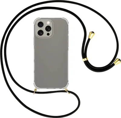 Produktbild von Handykette Backcover-Schutzhülle mit Band (Metall goldfarben) für iPhone 16 Pro Max - schwarz