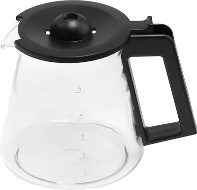 A clear studio shot of a glass coffee pot with a black lid and handle.