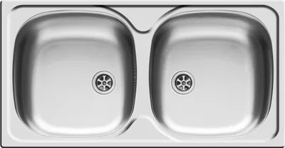 A top-down view of a double stainless steel sink.