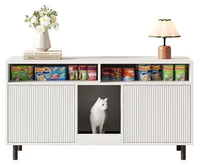 Produktbild von Katzenklo-Schrank - Multifunktionaler Haustier-Aufbewahrungsschrank - Mit Sandfangmatte - TV-Schrank mit Ablage - 120 x 50 x 66 cm - Ohne Katzenklo - Weiß