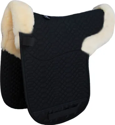 Produktbild von Engel Reitsport Satteldecke SADEK2 Lammfell & Baumwollsteppstoff, Fell in Sattellage, Fellkranz vorne & hinten, Schwarz-Med./Natur-D (Dressur)