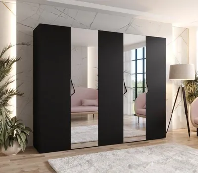 Obrázek produktu pro Široká šatní skříň 250 cm AMARIS 2 se zrcadlem - černá / kašmírové úchyty