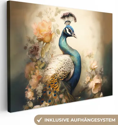 Produktbild von MuchoWow® - Leinwandbilder - Pfau - Pfauenfedern - Blumen - Botanisch, Wandbild, Wanddeko Bilder Wohnzimmer, 40x30 cm