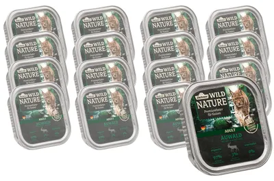 Produktbild von Dehner Wild Nature Katzenfutter Auwald, Nassfutter getreidefrei, für ausgewachsene Katzen, Hirsch / Truthahn, 16 x 100 g Schale (1.6 kg)