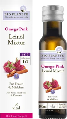 Produktbild von OMEGA PINK – MISCHUNG MIT LEINÖL (HIMBEERE, ZIMT, KURKUMA) 100 ml – PLANETE
