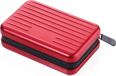 A red, ribbed hard case with a zipper closure.