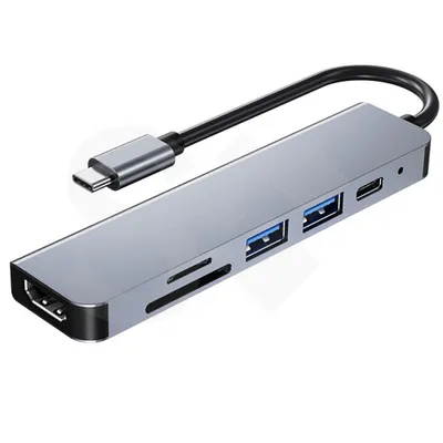 Produktbild von SOONTEC USB-C-6-in-1, HDMI Hub, 4K-Hub, HDMI Adapter /USB-C/DP/USB-3.0/microSD, Multiport-Dock, Docking-Station inklusive cnn Stromversorgung