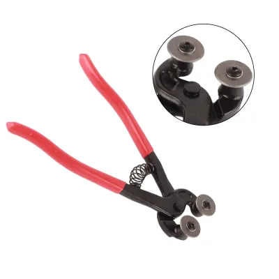 A pair of red-handled tile nippers with a close-up inset showing the cutting wheels.