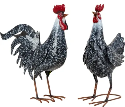 Produktbild von Moderne Gartenfigur Gartenskulptur Hahn und Henne im 2er Set aus Metall schwarz/weiß Höhe 44 cm Breite 26+39 cm