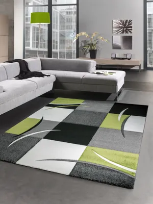 Zdjęcie produktu dla Dywan designerski do salonu, w kratkę, w kolorach zielonym, szarym, kremowym i czarnym, wymiary: 80 x 300 cm