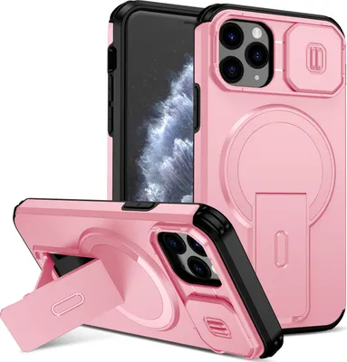 Image de Étui magnétique pour iPhone 11 Pro, étui durable double couche avec protection coulissante de l'appareil photo et support réglable Rose