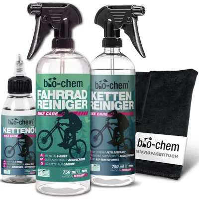 Produktbild von bio-chem Fahrrad Reinigungsset 4-teilig - Extrem effektives & materialschonendes Pflegeset: 1x Fahrradreiniger 750ml + 1x Kettenreiniger 750ml + 1x Kettenöl 100 ml + Mikrofasertuch