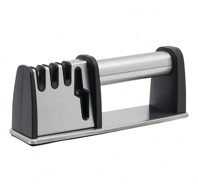 Image de Aiguiseur manuel 4 en 1 - Pour couteaux de cuisine et ciseaux - Acier inoxydable - Acier au tungstène, diamant et céramique - 22 × 6,6 × 7,8 cm - Gris