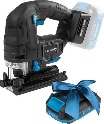 Produktbild von HÖGERT TECHNIK Akku-Pendelhubstichsäge 18V, bürstenloser Motor, kabellos, 0-2600 U/min, 26mm Klingenhub, 4-stufige Blattschwingung, werkzeugloser Klingenwechsel, LED, Aluminium-Sockel + PROMO 2,0 Ah