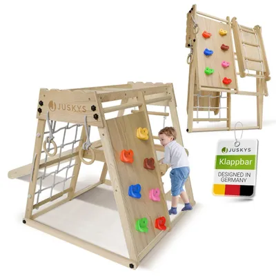 Produktbild von Juskys Mini Klettergerüst für Kinder - Rutsche, Kletterwand & Turnringe - Natur