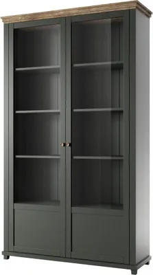 Image de Vitrine large 2 portes avec LED intégrées collection ASSIA. Couleur vert et chêne.