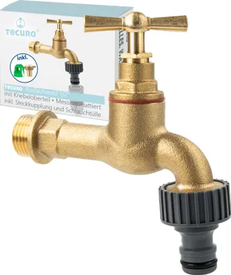 Produktbild von tecuro Auslaufventil 1/2 Zoll, Knebeloberteil, Steckkupplung, Dichtband - Messing mattiert