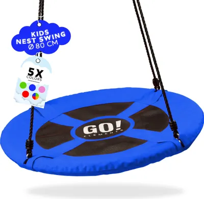Produktbild von GO!elements Nestschaukel Outdoor | Kinderschaukel oder Gartenschaukel | Höhenverstellbare Schaukel für Kinder & Erwachsene (Familienschaukel) bis 150 KG belastbar | Größe: ø 80cm, Farbe: Blau