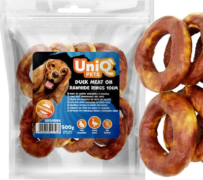 Obrázek produktu pro Pamlsek pro psy, snack kroužek z hovězí kůže s kachnou UniQ Pets 500g