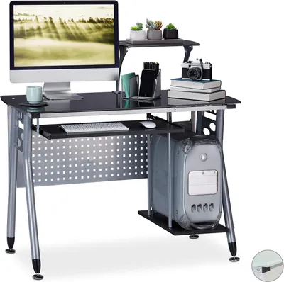 Produktbild von Computertisch mit Glasplatte - Tastaturablage - Computerfach - 98x105x55 cm - Modernes Design - Schwarz