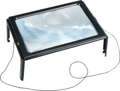 A black framed magnifying glass with legs and a cord, isolated on a white background.