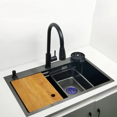 Obrázek produktu pro Dřez do kuchyně – matná černá barva – 75x46 cm – jednodřez – nerezová ocel – včetně baterie