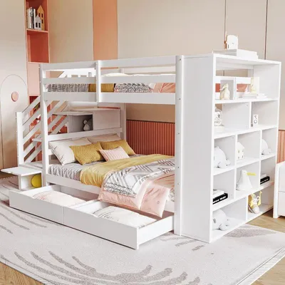 Produktbild von Etagenbett 90x200cm aus Kiefernholz in Weiß mit Sicherheitstreppe, Treppenfächern, Schubladen, Stauraumfach und Lattenrost für Kinderzimmer