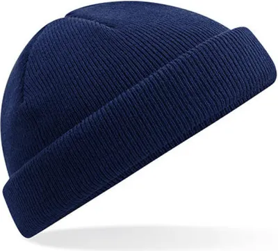 A single navy blue beanie hat is shown against a white background.