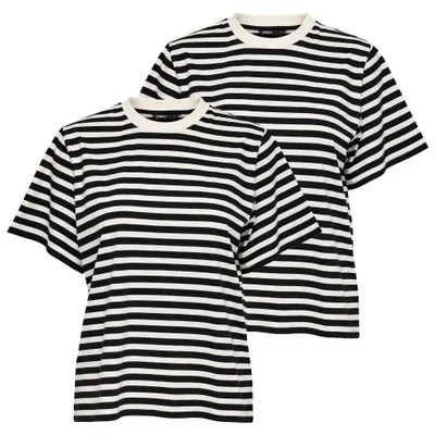 Produktbild von ONLY Damen T-Shirt 2er Pack - ONLLIVINA LIFE STRIPE TEE, Kurzarm, Rundhals, Streifen Schwarz/Weiß M