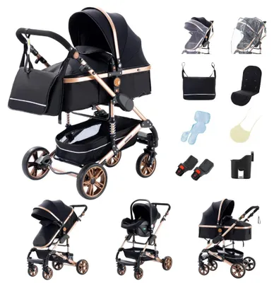Productafbeelding van Babywagen, 3-in-1 design, lichtgewicht aluminiumframe, model H739 in de kleur goudzwart