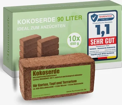 Produktbild von yayago Humusziegel - 10x Kokoserde – 90 Liter gepresste Blumenerde aus Kokosfasern - torffrei, ungedüngt, 100% natürlich und biologisch abbaubar - für Garten, Topf und Terrarium 10x ca. 650g