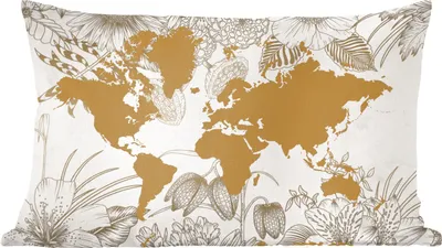 Produktbild von MuchoWow® Zierkissen Sofakissen Wohnzimmer Dekokissen 50x30 cm Weltkarte - Gold - Blumen - Wohnzimmerdekoration - Polster mit Photo