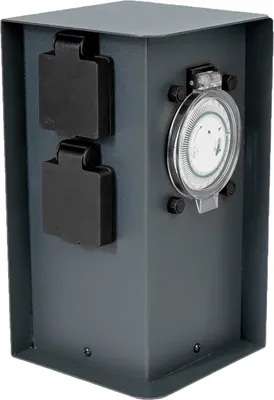 Produktbild von Grafner Edelstahl Design Gartensteckdose Zeitschaltuhr 2 Steckdosen anthrazit, ON/AUTO, 3600 Watt, Pulverbeschichtung, Energiesäule Timer Mehrfach Metall Außen Steckdose 2-Fach schwarz lackiert