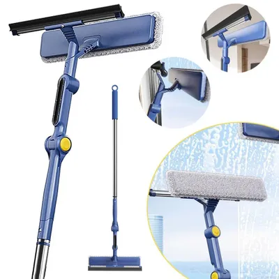 Image de Brosse pour nettoyer les fenêtres - Grattoir à fenêtres 2-en-1 - Éponge abrasive - Tête rotative - Tige télescopique - Pour intérieur et extérieur