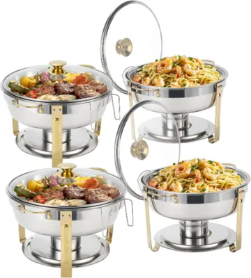 Zdjęcie produktu dla Warmounts zestaw 4 złotych podgrzewaczy bufetowych o pojemności 4,7 l ze szklaną pokrywką, polerowana stal nierdzewna, możliwość sztaplowania, uchwyt na pokrywkę, idealne na przyjęcia i wesela