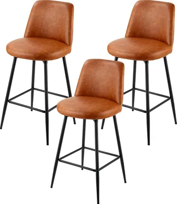 Image de SucceBuy Set de tabourets de bar, 3 pièces (hauteur 98 cm), chaises de cuisine en cuirPolyuréthaneavec dossier et structure métallique stable, chaises de bistrot (capacité de charge : 136,1 kg) pour cuisine, salle à manger, bar ou îlot de cuisine, couleur : marron