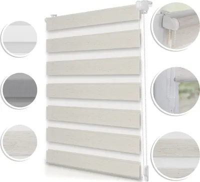 Produktbild von Roomy Doppelrollo Natur 70x150cm, Klemmfix ohne Bohren, blickdicht, Sicht- & Sonnenschutz, doppellagiger Stoff mit Streifensegmenten, für Fenster, Wand & Decke, Bedienseite wählbar.